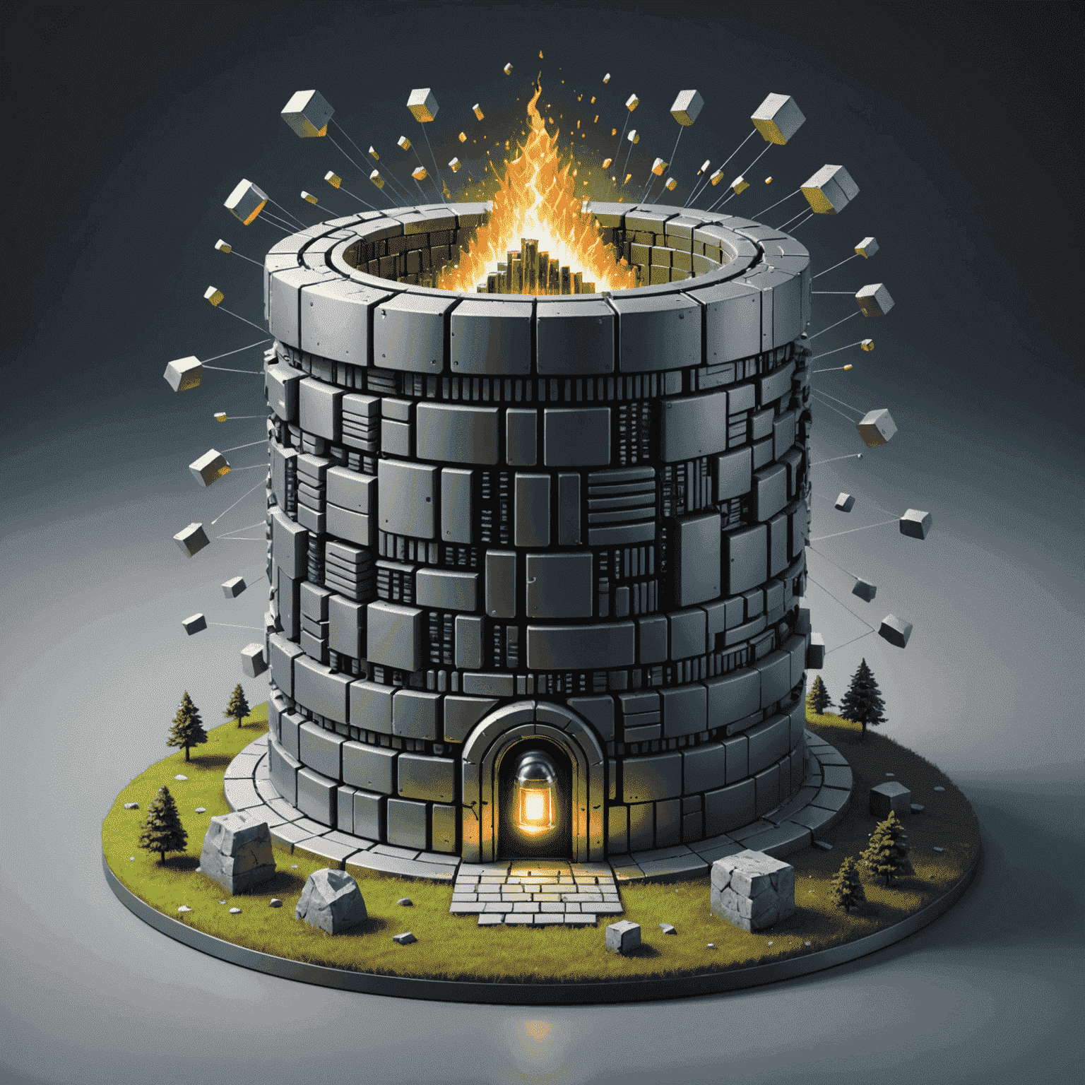 A digital fortress protecting a database from various cyber threats, symbolizing data breach prevention strategies