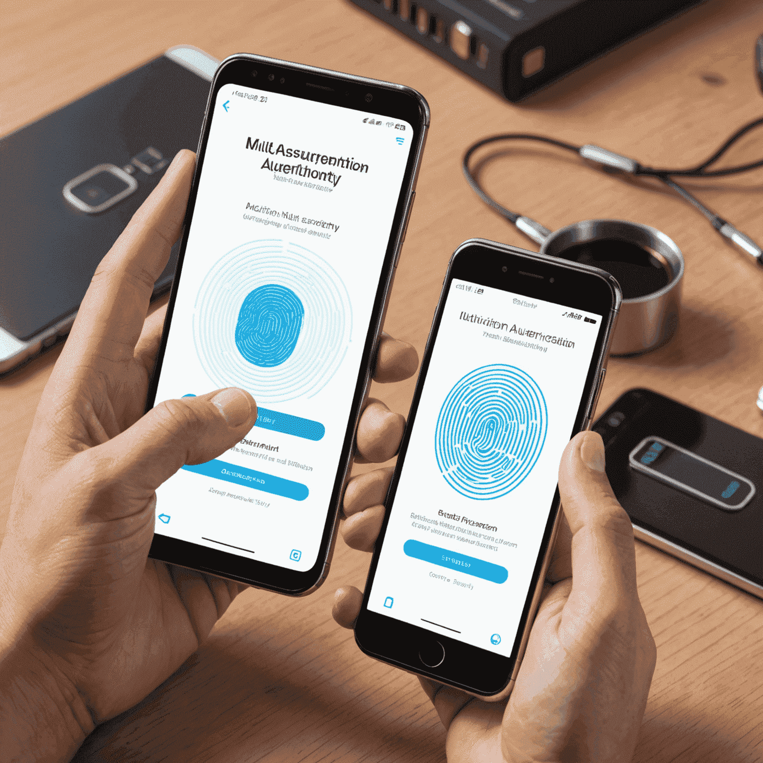 Illustration of multi-factor authentication process showing a smartphone, fingerprint scanner, and security token