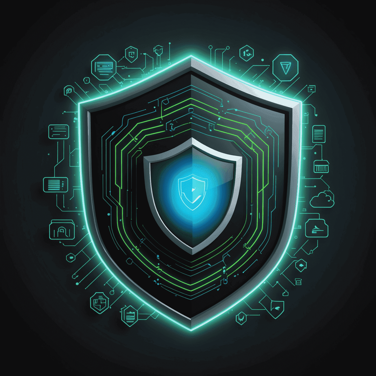 A visual representation of cloud data protection, showing a shield icon protecting cloud servers from various cyber threats. The image uses a dark background with neon blue and green accents to represent data streams and security measures.