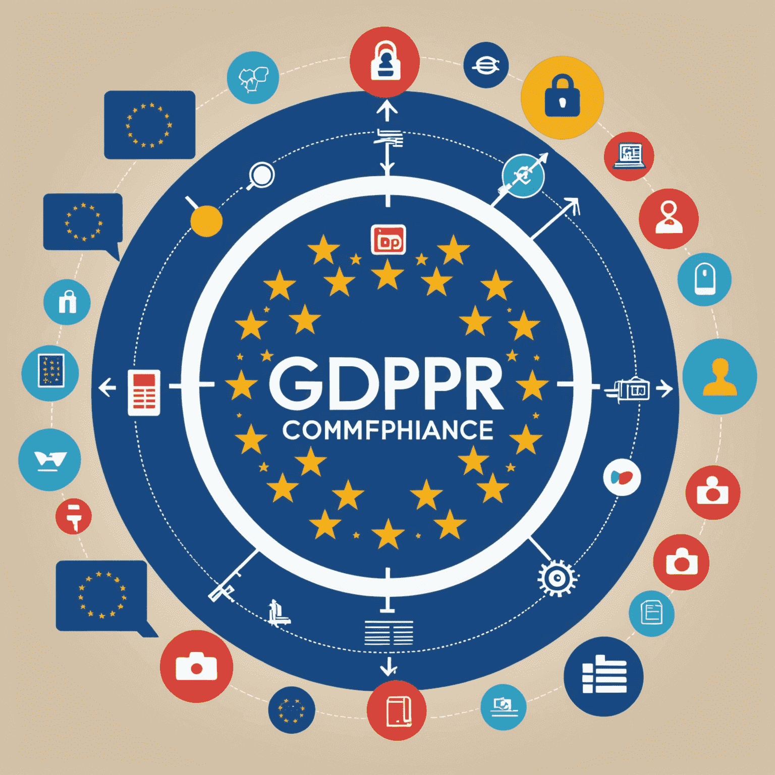 An infographic showing the key components of GDPR compliance, including data protection, user consent, and breach notification. The image features a large EU flag in the background with various icons representing different aspects of data privacy arranged in a circular pattern.
