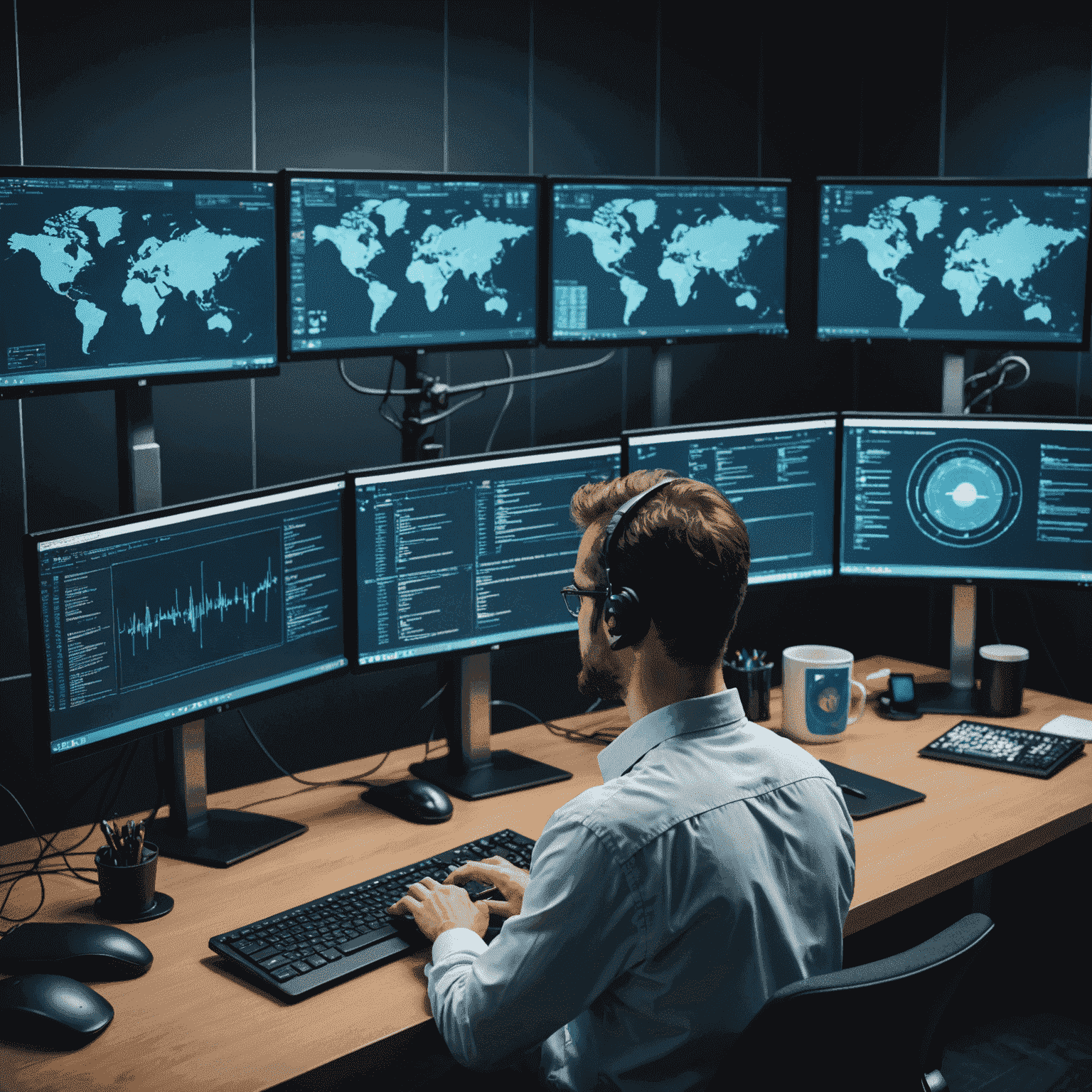 Cybersecurity expert conducting a penetration test on multiple computer screens, showing various security tools and code