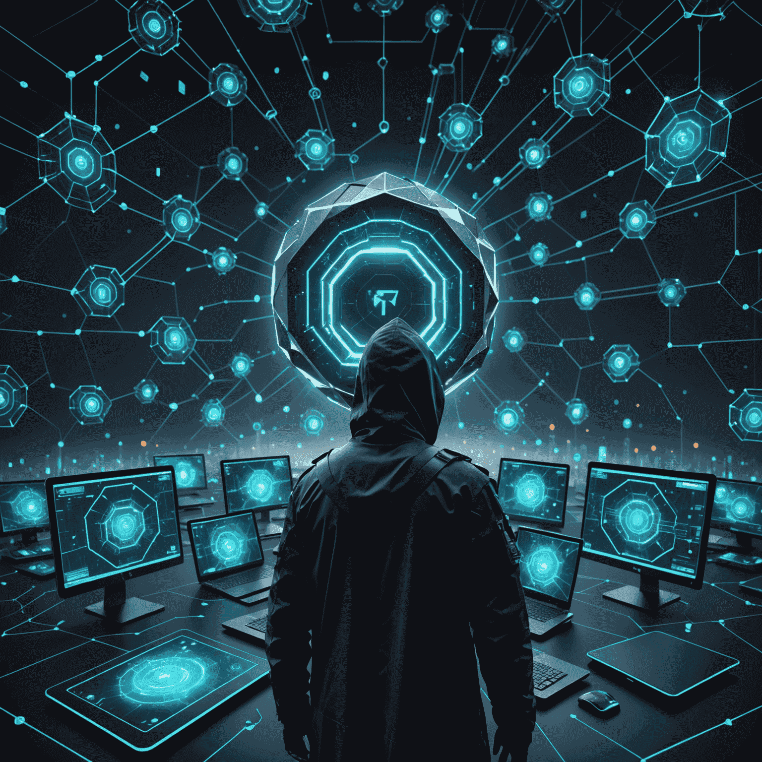 A futuristic 3D rendering of various cybersecurity threats, represented as abstract, menacing forms emerging from a dark digital landscape. The image includes visual representations of malware, phishing attacks, and ransomware, with a glowing protective barrier symbolizing advanced threat detection systems.
