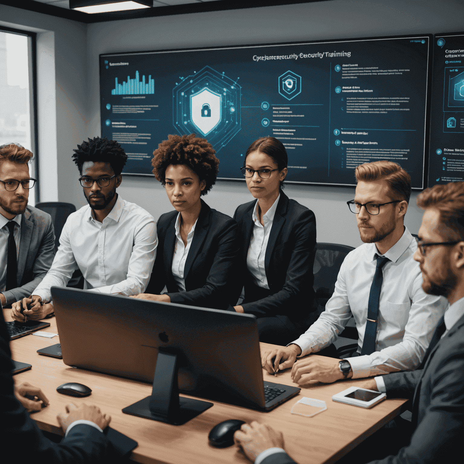 A group of diverse employees engaged in a cybersecurity training session, highlighting the human factor in data security